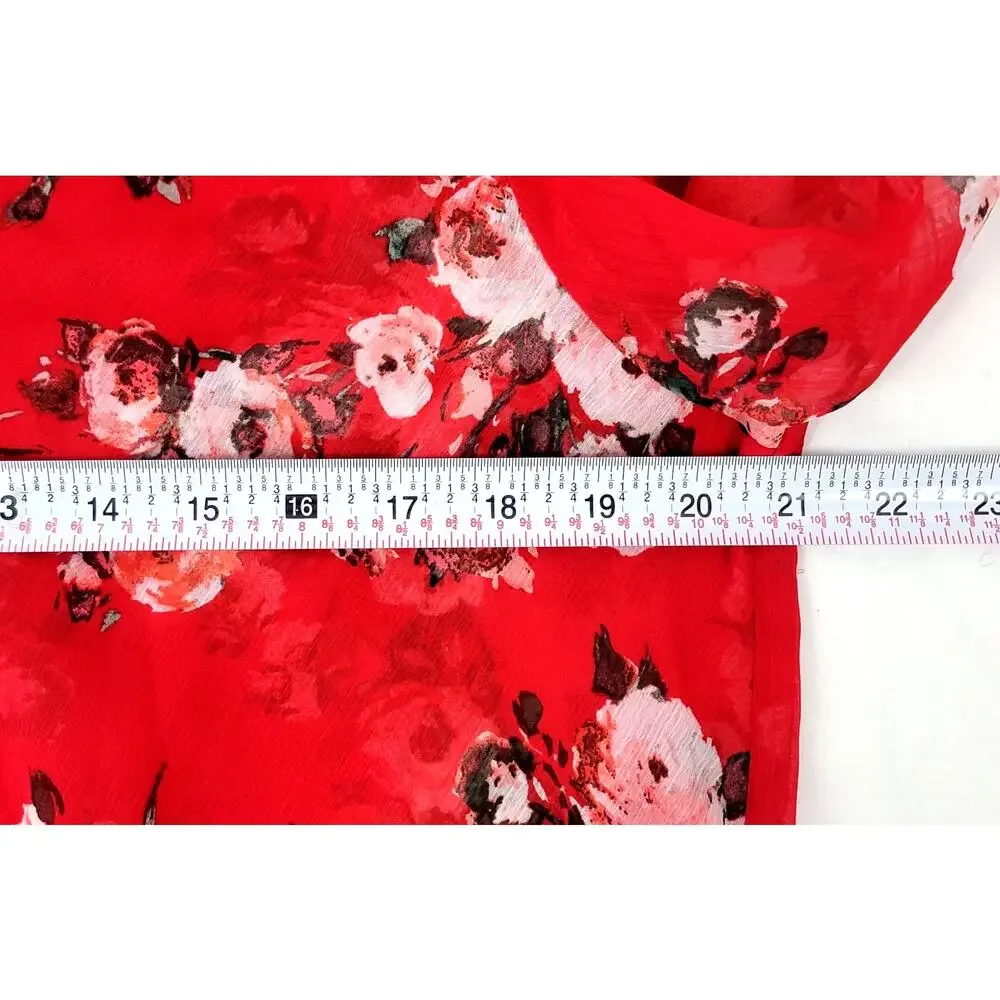 Kut from the Kloth Red Floral Faux Wrap Blouse Sheer Small